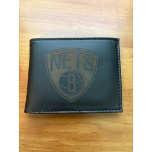 Nets NBA Bifold Wallet Black Faux Leather Logo Mens Card Holder ID Window